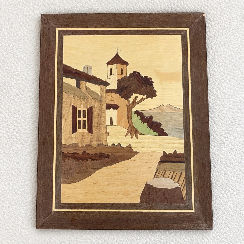 Vintage Wood Marquetry Inlay Art Village Church Scene Framed Wall Decor 9x7